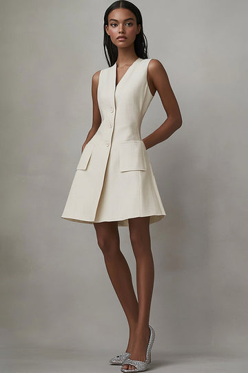 Ivory Short A Line V-Neck Work Dress with Pockets